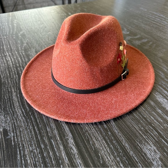 Hand-Embroidered Wool-Blend Adjustable Floral Burnt Orange Fedora Wide Brim Hat - Picture 4 of 11